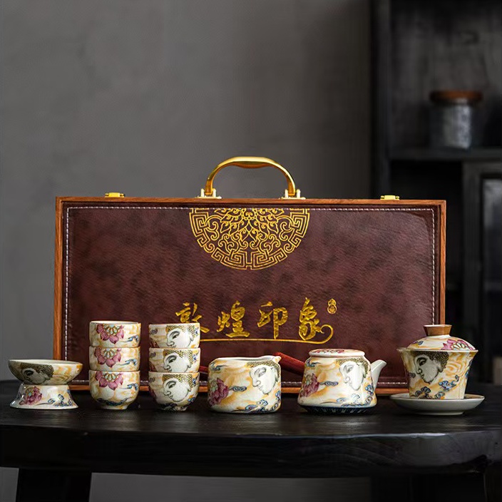 Chinese Ru Kiln Craftsmanship Dunhuang Buddhist Cultural Patterns High-End Ceramic Tea Set Gift Box