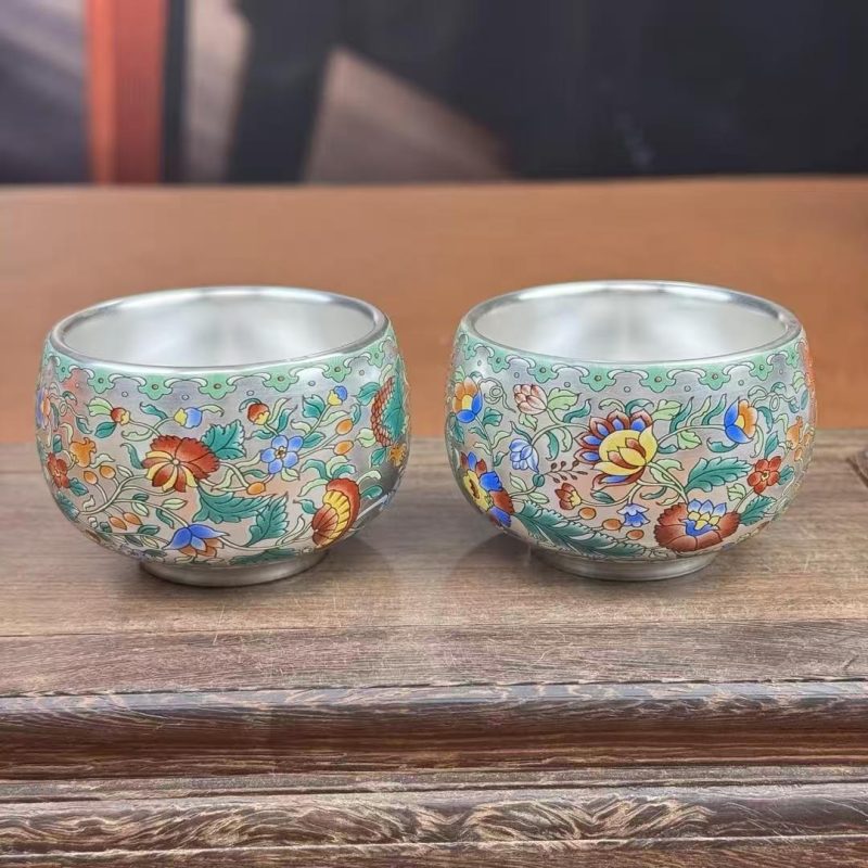 Handcrafted 999 Pure Silver Tea Set Chinese Characteristics Featuring Exquisite Silver-Painted Patterns Tea Pots And Cups. - Image 3