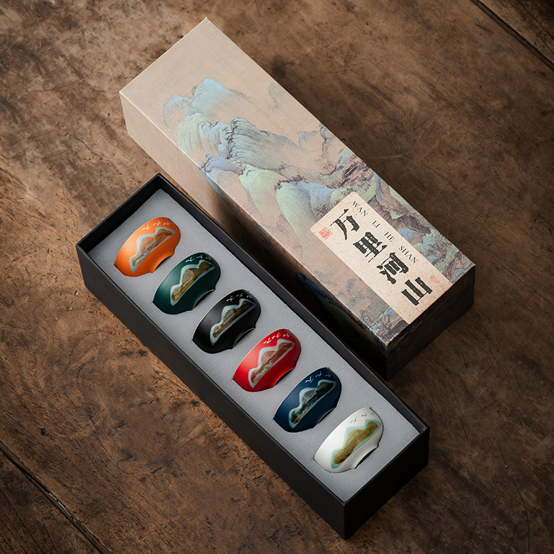 Vast Mountains And Rivers Six Cups Gift Box Set Chinese-Style Ceramic Painted Tea Cup Set Eastern Art Vast Mountain Style Tea Cup