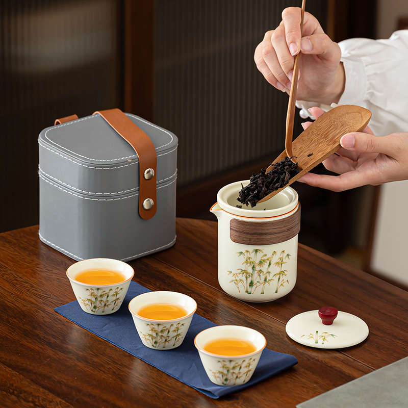 Ru Kiln Ceramics Travel Tea Set Beautiful And Compact, One Pot And Three Cups Small Porcelain Set