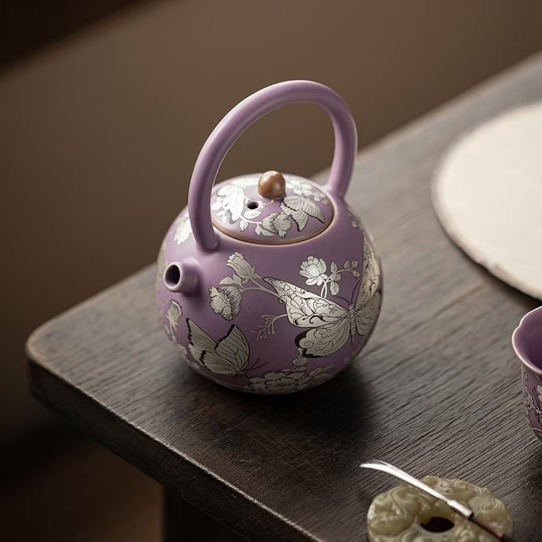 High-Temperature Fired Ceramic Purple Ru Silver Butterfly Love Flower Tea Pot High-End Gift Box Of Kung Fu Teapot