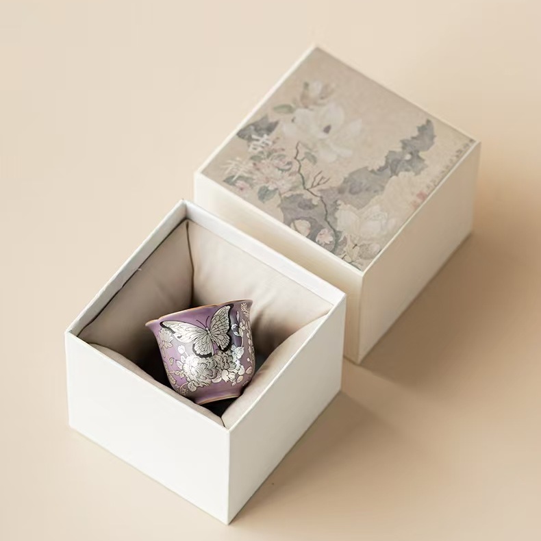 High-Temperature Fired Ceramic Purple Ru Silver Butterfly Love Flower Tea Cup High-End Gift Box Of Kung Fu Tea Cups