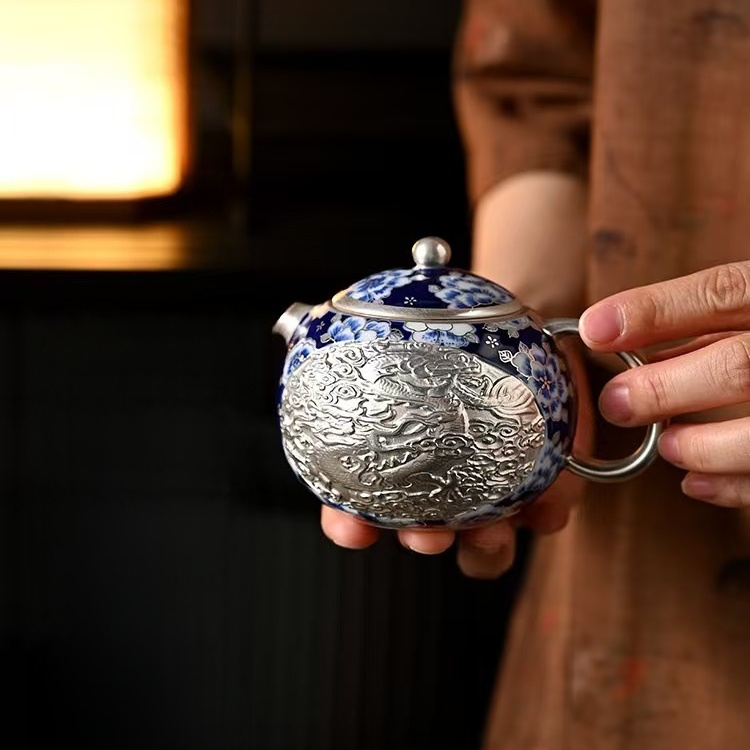 Yamashita Jade Porcelain Tea Pot 999 Pure Silver Blue and White Porcelain Jade Tea Pot Handcrafted Silver Shining Pot