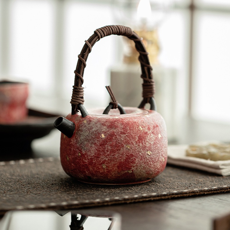 Chinese-Style Aesthetic Rock-Mineral-Colored Pottery Old Tea Pot Handmade Textile Woven Frame Raw Mineral Colored Clay Fired Antique Teapot