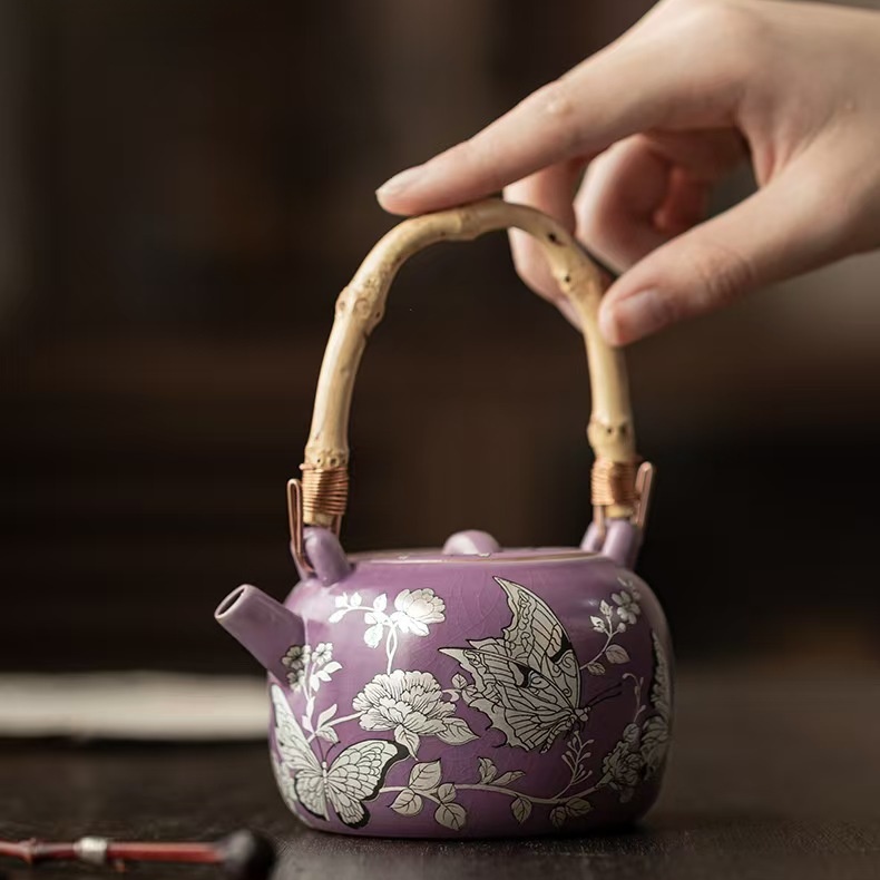 Purple Ru Silver-Plated High-Temperature Fired Woven Handcrafted  Bamboo Beam Handle Tea Pot Gift Box of Ru Kiln Teapot
